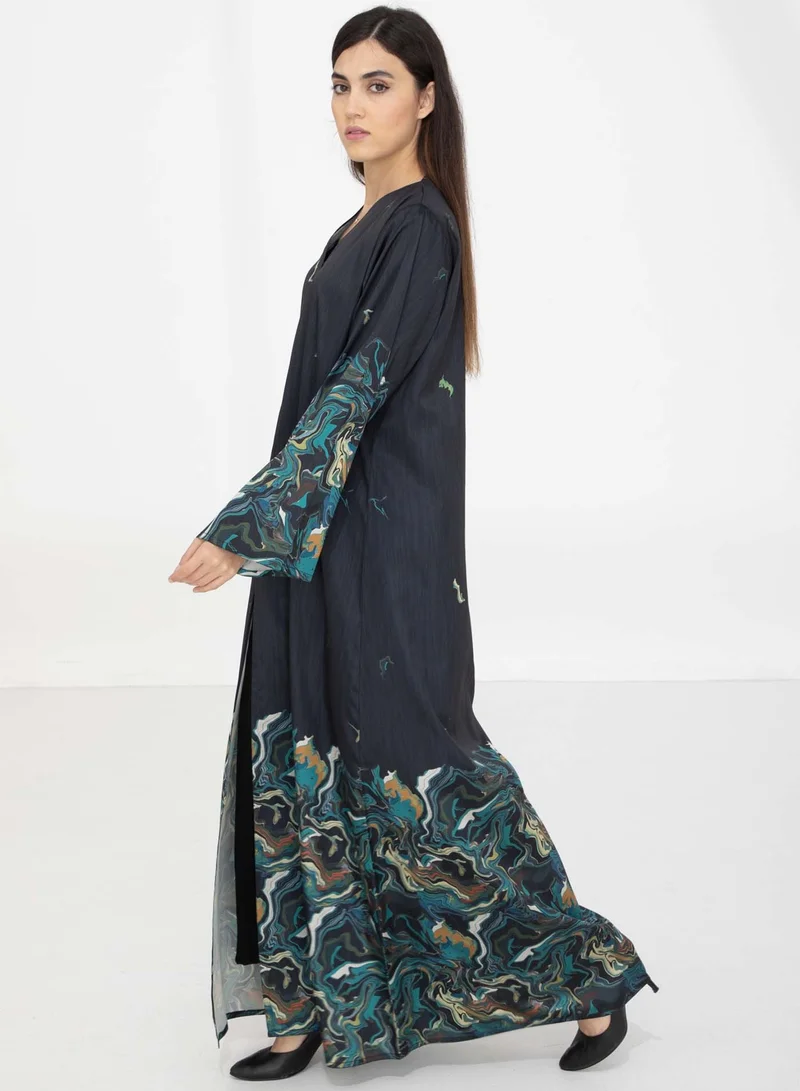 أم سكوير فاشن Black Taffeta Printed Open Abaya – Effortless Elegance