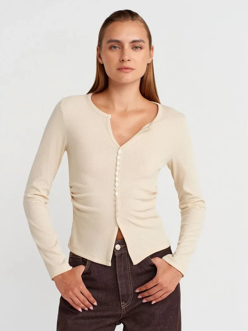 Dilvin DILVIN Slim Fit Ribbed Button-Front Blouse