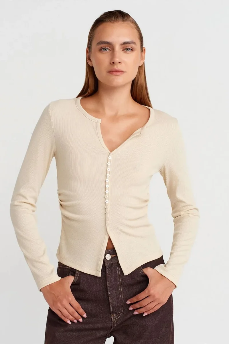 DILVIN Slim Fit Ribbed Button-Front Blouse