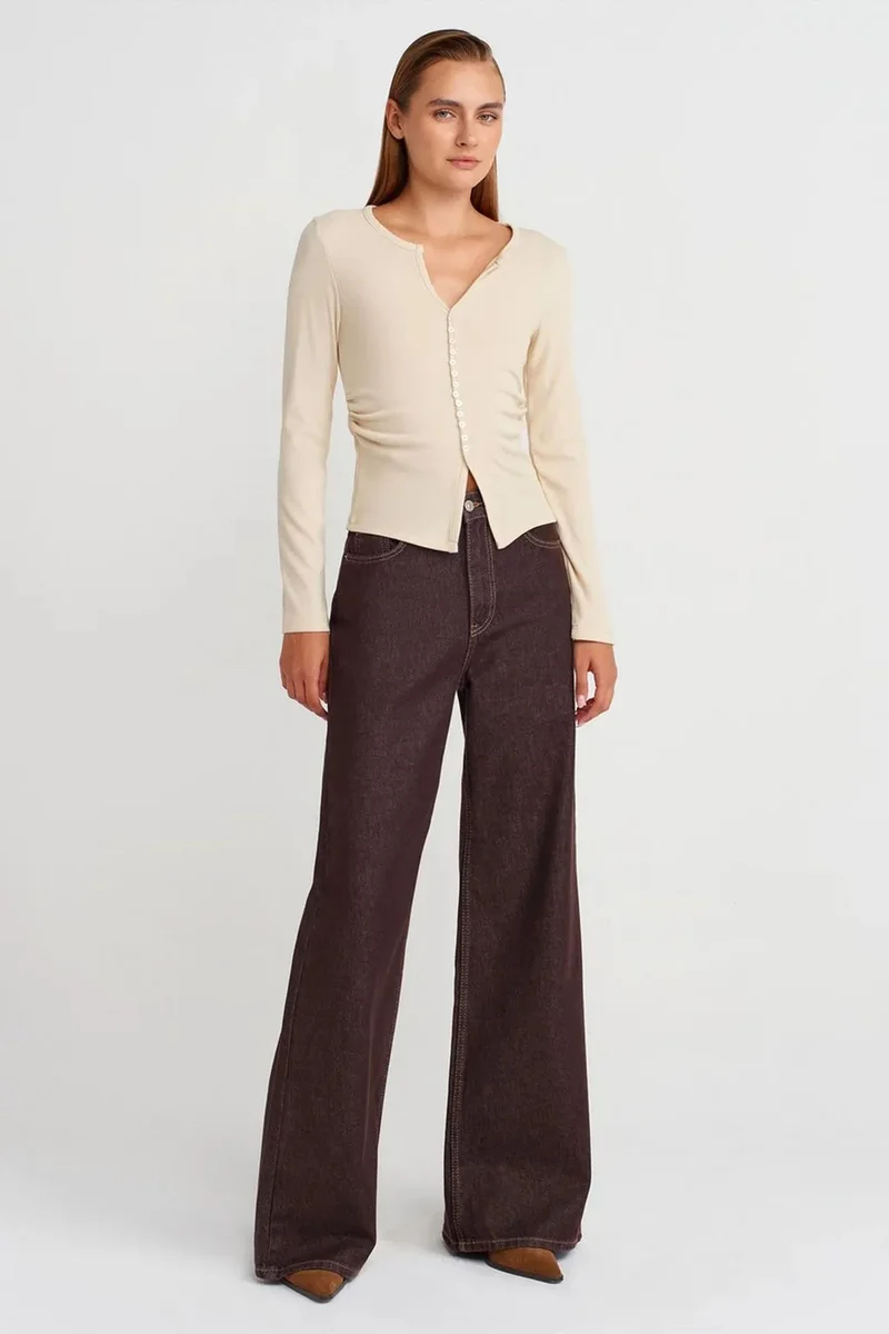 Dilvin Cream Natural DILVIN Slim Fit Ribbed Button-Front Blouse for Women | Best Price UAE