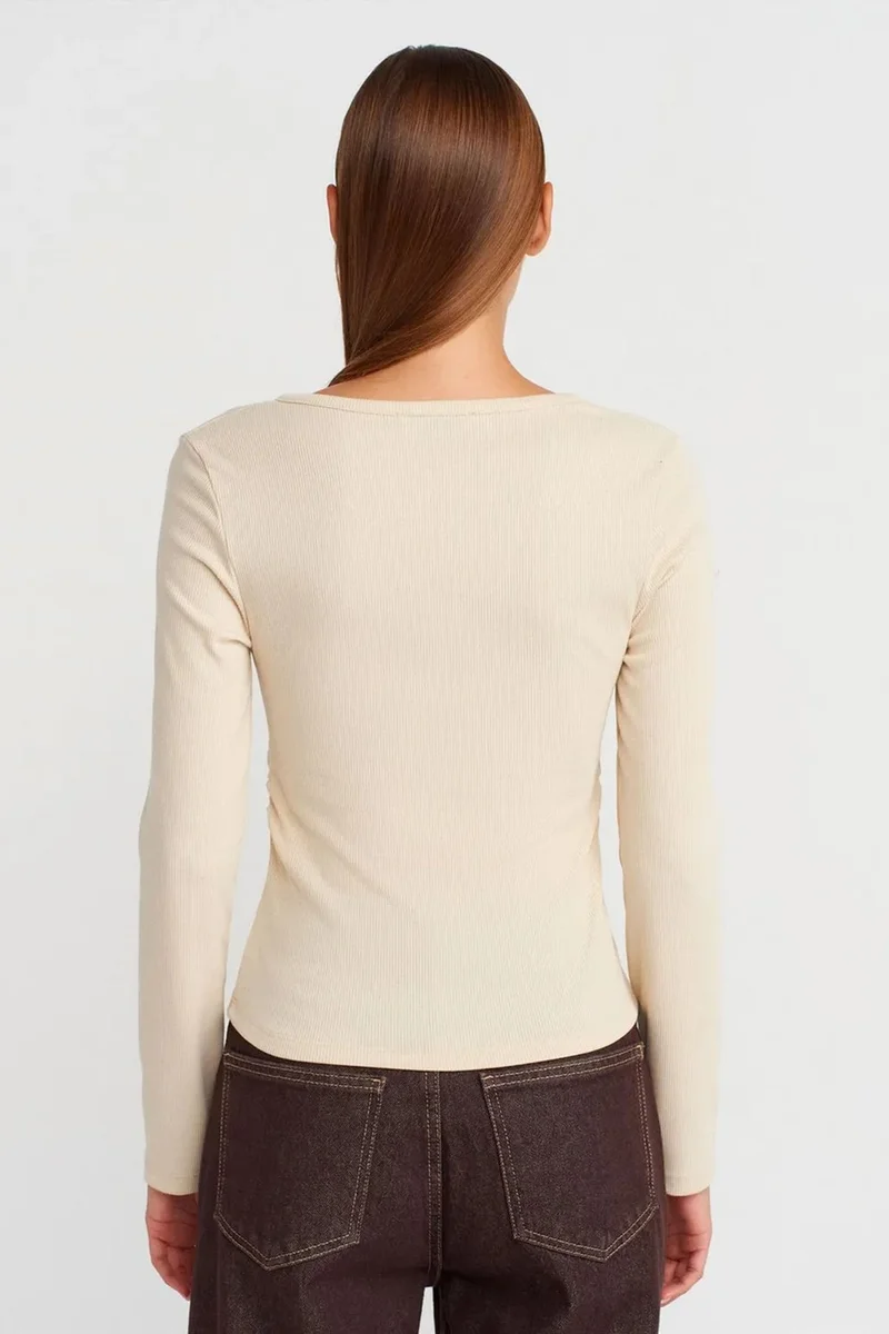 Dilvin Cream Natural DILVIN Slim Fit Ribbed Button-Front Blouse for Women | Best Price UAE