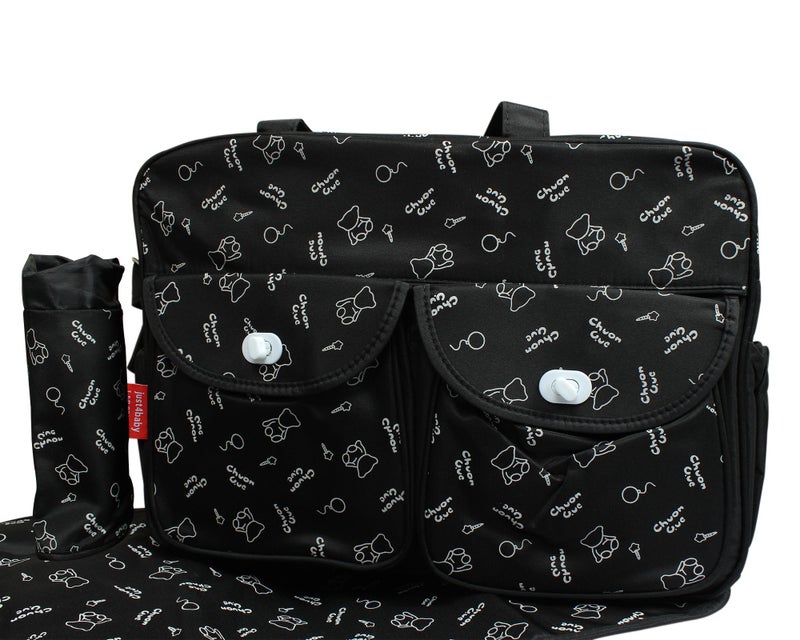 Babies Bloom Bear Design Diaper Bag for Mom and Baby, Black, 3 Pieces - Image 1