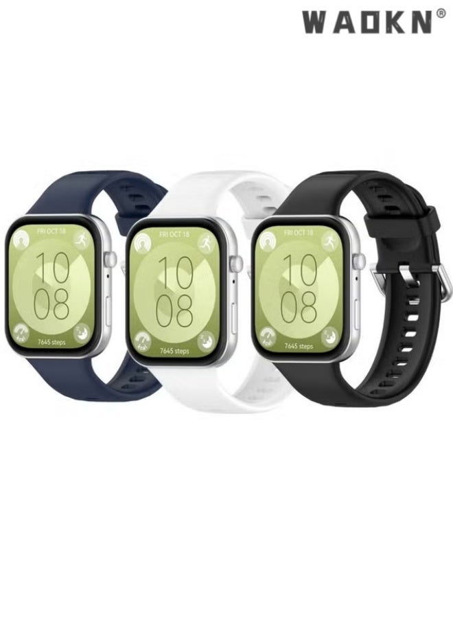 دبليو أيه أو كي أن 3 حزام PCS حزام السيليكون مع سدادات معدنية وشراب السيليكون لـ HUAWEI Watch Fit 3 / Fit 4 / Fit 4 Pro ، سوار استبدال حزام السيليكون الأسود والأبيض والأزرق حزام السيليكون مع سدادات معدنية وشراب السيليكون - Image 1