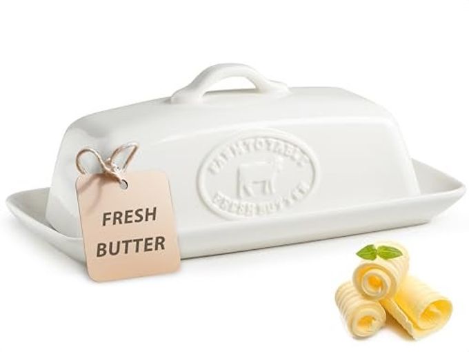 YHOJOY Cow Butter Dish, Ceramic Butter Dish with Lid for Countertop, White Butter Tray with Handle, Farmhouse Covered Butter Holder Container for East West Coast Butter Storage