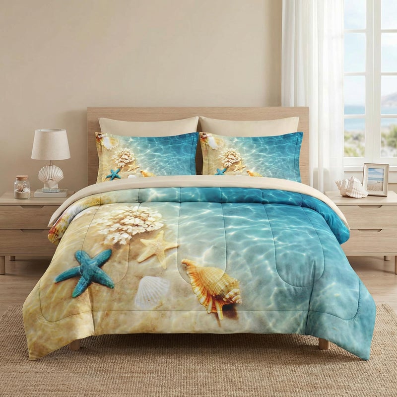 WeCozy 7 Pcs Queen Size Comforter Set with 2 Pillowcases & 2 Shams, Summer Beach Seashell Bedding for Kids and Adults, Blue Ocean Sea Shell Bed in a Bag with Flat Fitted Sheet - Image 1