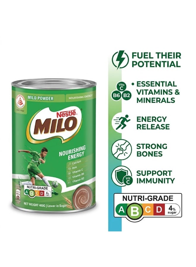 Nestle Nestlé MILO Chocolate Malt Powder, Nourishing Energy, with Calcium, by febora foods, Iron & Vitamins, Lower in Sugar, 400g TIN - Image 3