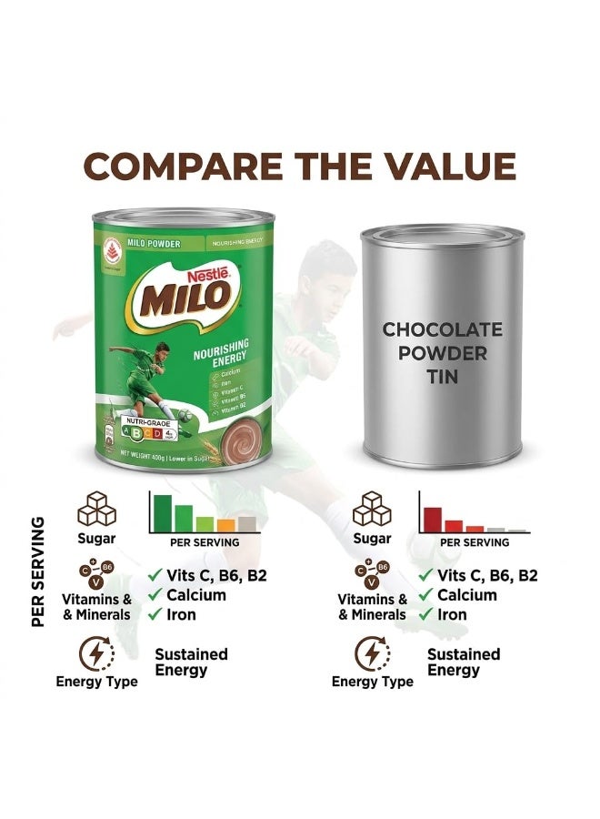 Nestle Nestlé MILO Chocolate Malt Powder, Nourishing Energy, with Calcium, by febora foods, Iron & Vitamins, Lower in Sugar, 400g TIN - Image 2