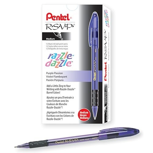 Pentel RSVP Razzle-Dazzle Ballpoint Pen, (1.0mm) Medium Line, Violet Barrel, Black Ink, Box of 12 (BK91RDV-A) - Image 1