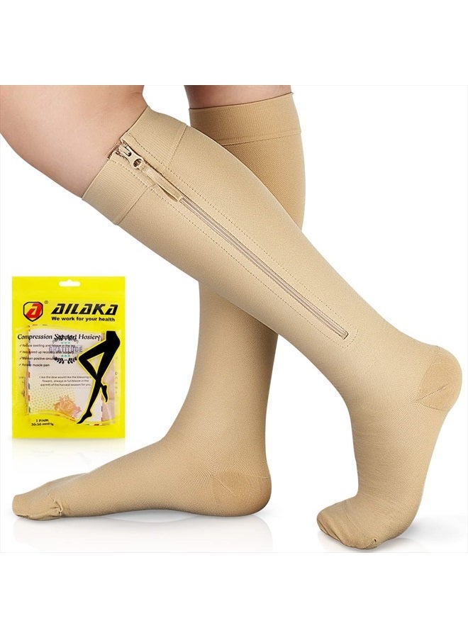 Ailaka Zipper Compression Socks for Men Women - 20-30 mmHg Close Toe Knee High Medical Compression Socks with Zipper, Zip Up Socks for Varicose Veins, Edema, Recovery, Pregnant, Nurse  - Image 1