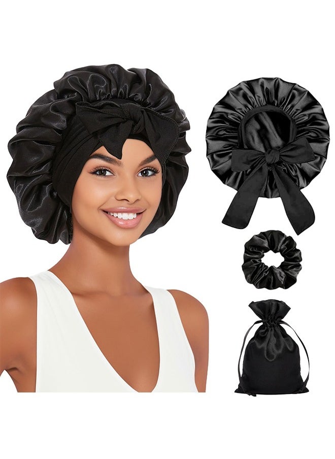 BOFAN Bonnet with Tie Band, Satin Hair Silk Bonnet for Sleeping Women, Sleep Bonnets for Women, Double Layer Sleep Cap for Curly Hair Braids（Black）  - Image 1