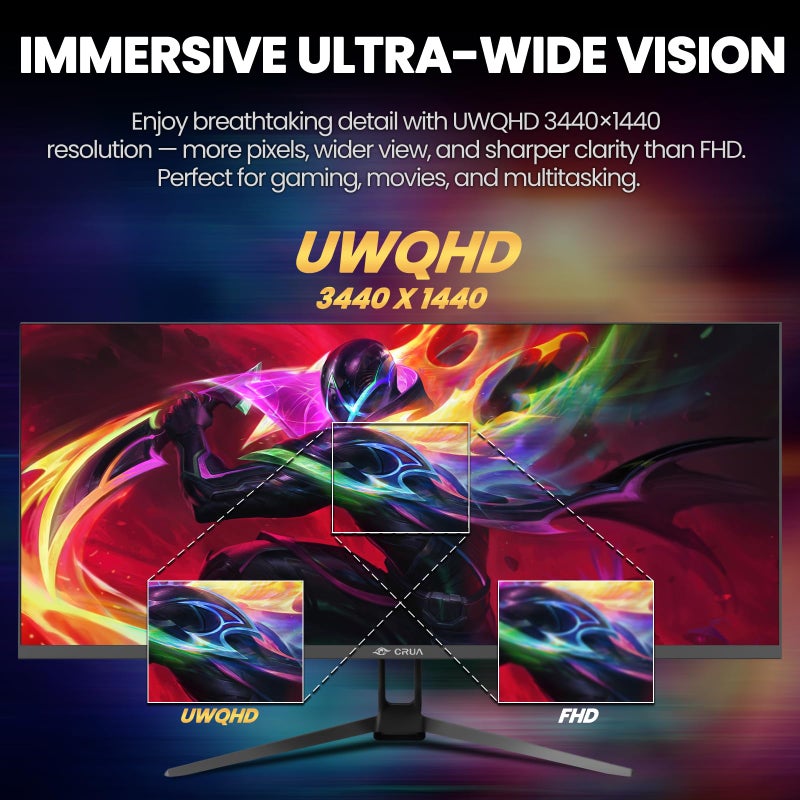 CRUA 34'' Gaming Monitor 165Hz/144Hz, UWQHD 3440x1440P IPS Ultrawide Screen Computer Monitors with Built-in Speakers, Supports FreeSync, 120% sRGB, PIP/PBP, HDMI2.0 & DP1.4, Wall Mount&Tilt Adjustable - Image 4