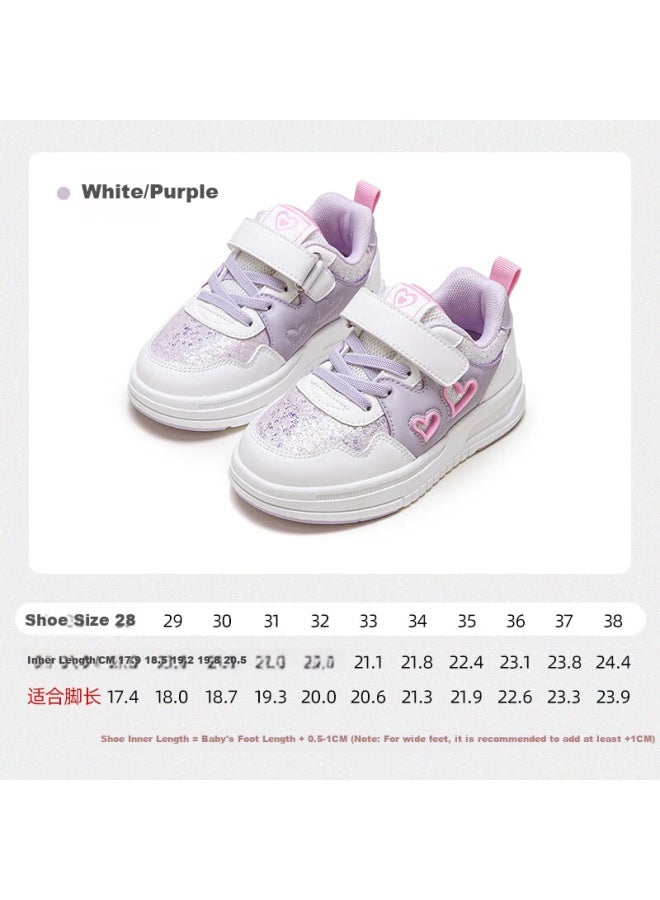 Follow Me Girls' Sneakers Spring And Autumn Sweet Breathable Casual Shoes For Older Children Soft-soled Non-slip Sports Shoes White/purple 34
