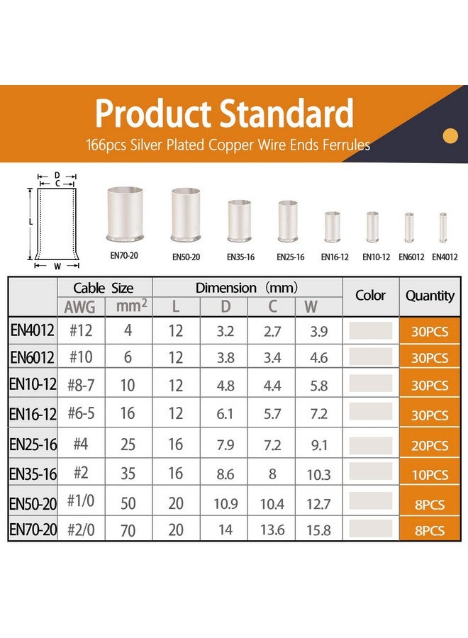 mankk 166 Pcs Wire Ferrules Kits Silver Plated Copper Crimp Terminal Connector 8 Sizes AWG (1/0 2/0 2 4 6 8 10 12) Sleeves Insulated Cord Pin End Terminal M-020 - Image 4