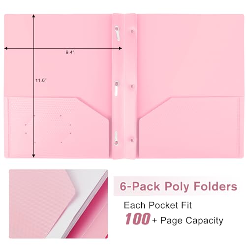 EEHZTSI 6-Pack Plastic andPockets and Prongs,2-Pocket and3 Fasteners, Pastel Folders Holds US Letter Size Paper for School/Office/Home, Pink - Image 4