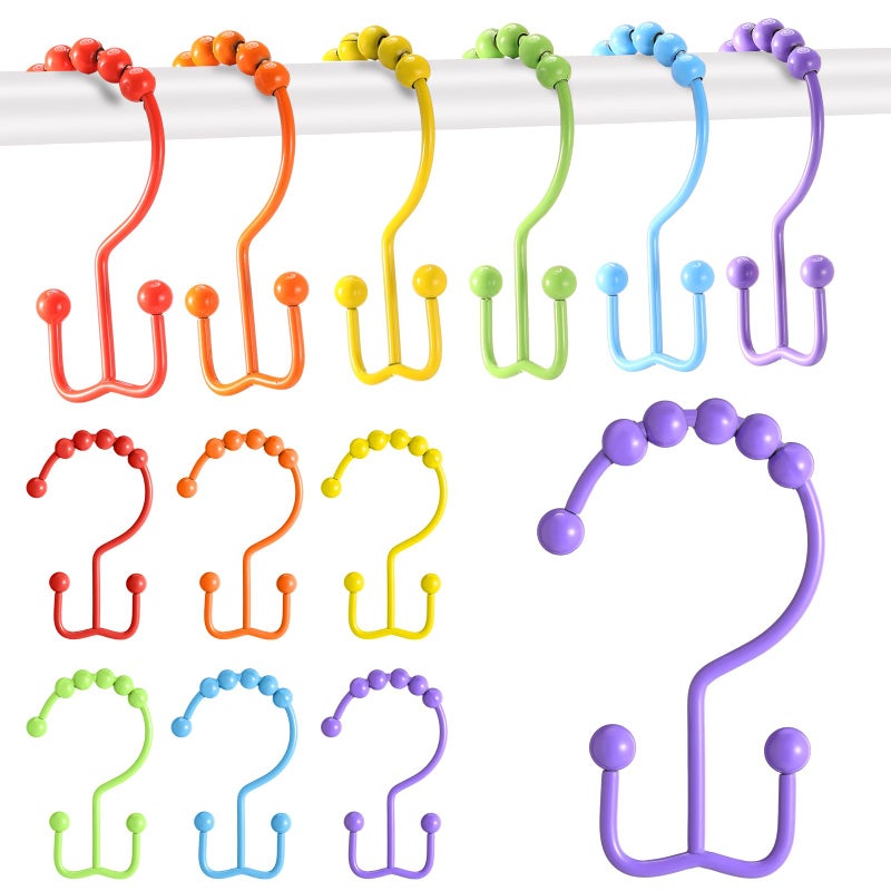 Wenqik 12 Pcs Colorful Shower Curtain Hooks Bohemian Rainbow Color 304 Stainless Steel Rings Rust Proof Balanced Double Glide Shower Hooks for Curtain Bathroom(Rainbow Color) - Image 1
