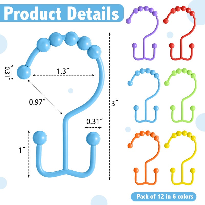 Wenqik 12 Pcs Colorful Shower Curtain Hooks Bohemian Rainbow Color 304 Stainless Steel Rings Rust Proof Balanced Double Glide Shower Hooks for Curtain Bathroom(Rainbow Color) - Image 2