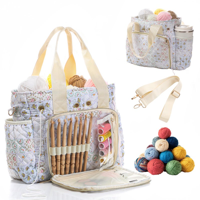 حقيبة حياكة كروشيه كبيرة مبطنة بنقوش زهور من SilTriangle، وحامل لخيوط الكروشيه، وحقيبة لخطافات الكروشيه، وهدية مثالية لمحبي الكروشيه في عيد الميلاد، مصنوعة من قماش الكوردروي، مع إبرة وسحاب، مقاس متوسط. - Image 1