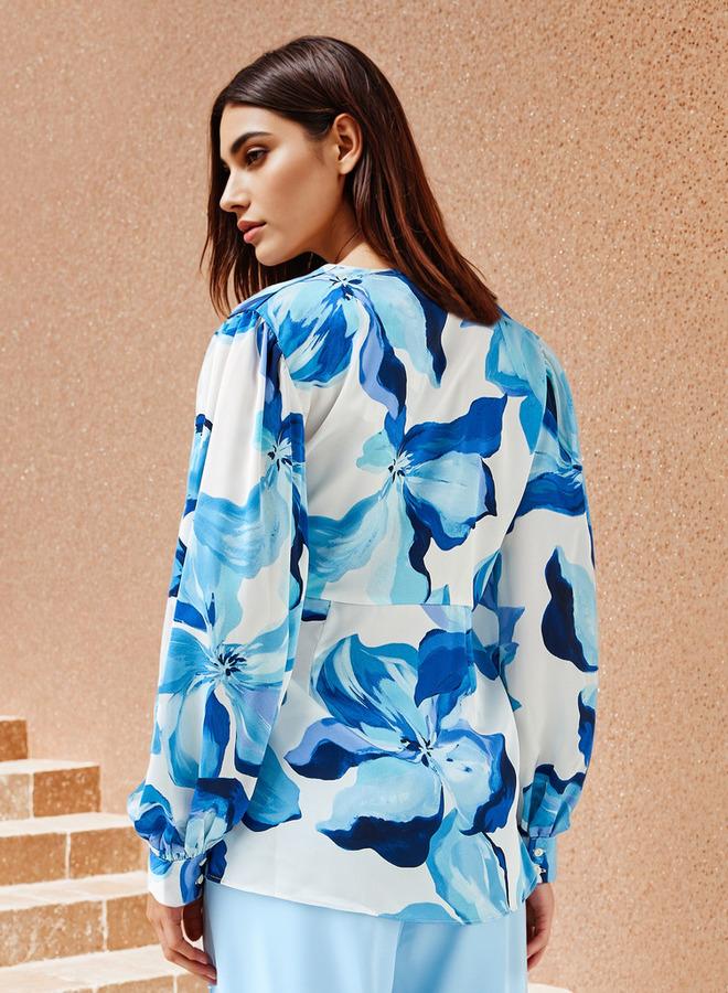 ايكونيك بلوزة ملفوفة بطبعة زهور بقصة مريحة أيقونية - Image 3