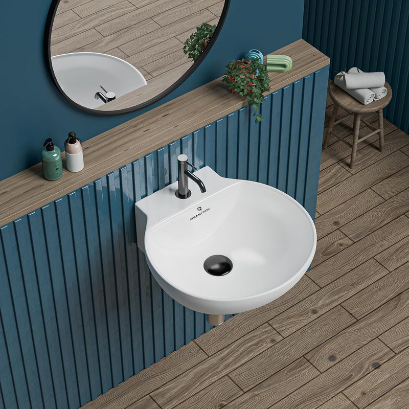 REMOTION Ceramic Wall Hung Corner Wash Basin for Bathroom Wall Mounted Corner Sink SpaceSaving Durable Stylish Design 12 x 12 x 5 Inch White - Image 1