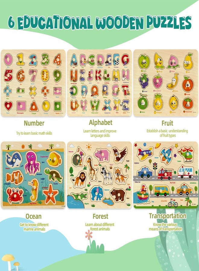 edutree Wooden Peg Puzzles for Toddlers 2-4, 6 Pack Educational Peg Puzzles Montessori Toys, Learning Puzzles for Kids Girs Boys 1-3 3-5 with Alphabet Number Animal Vehicle Shape - Image 2