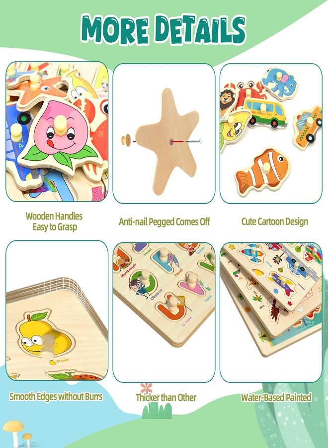 edutree Wooden Peg Puzzles for Toddlers 2-4, 6 Pack Educational Peg Puzzles Montessori Toys, Learning Puzzles for Kids Girs Boys 1-3 3-5 with Alphabet Number Animal Vehicle Shape - Image 3