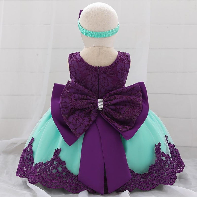 Amazon Baby Dress Big Bow Lace Wedding Princess Dress Baby One Year Old Wash Dress Hair Belt L1911XZ-Green Purple 