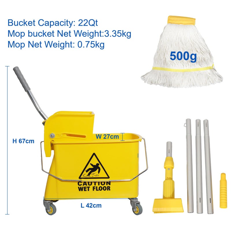 Midoneat Mop Bucket with Wringer, 22 Qt (5.5 Gallon), Handle, Wheels,Floor Cleaning, 16.5" L x 10.6" W x 26.4" H, Yellow,Add One Cotton Mop - Image 2