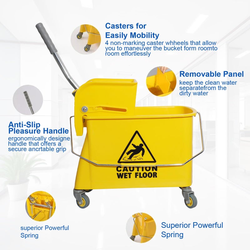 Midoneat Mop Bucket with Wringer, 22 Qt (5.5 Gallon), Handle, Wheels,Floor Cleaning, 16.5" L x 10.6" W x 26.4" H, Yellow,Add One Cotton Mop - Image 3