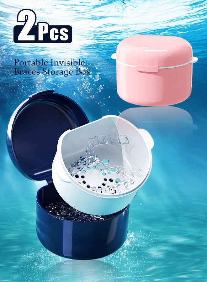 2 PCS Denture Case Dental Mouthguard Case, Denture Bath Box Cleaning with Strainer Basket and Lid Waterproof,Cute Denture Holder Retainer Storage Soak Container for Travel - Image 1