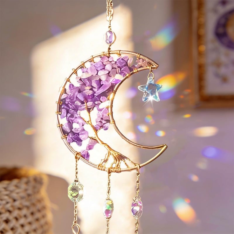 MplehDa Suncatcher Crystal Wind Chime, Hanging Wind Chime Rainbow Moon Pendant Crystals, Window Decoration, Hanging, Crystal Suncatcher Prism Light Catcher Suncatcher for Garden, Home, Office - Image 3