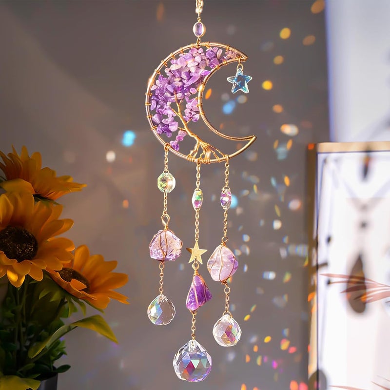 MplehDa Suncatcher Crystal Wind Chime, Hanging Wind Chime Rainbow Moon Pendant Crystals, Window Decoration, Hanging, Crystal Suncatcher Prism Light Catcher Suncatcher for Garden, Home, Office - Image 1