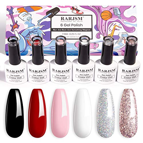 RARJSM Gel Nail Polish Kit Glitter Rose Gold Silver Gel Polish Pastel Pink Classic Red Black White Nail Polish Set Curing Required Nail Art Manicure Salon 75ML Each Bottle - Image 2