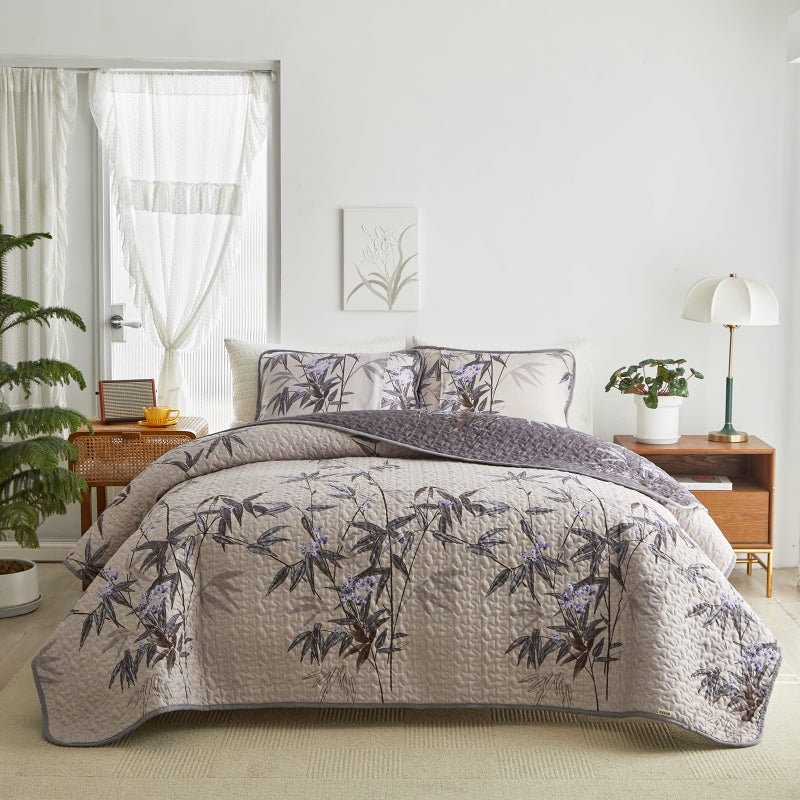 Flysheep Quilt Set 3 Pieces Full/Queen Size, Black Leaves Botanical Design Reversible Bedspread Coverlet Set, Soft Microfiber Lightweight Bed Cover for All Season (90" x 90", 1 Quilt+ 2 Pillow Shams) - Image 3