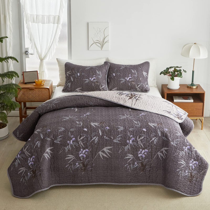 Flysheep Quilt Set 3 Pieces Full/Queen Size, Black Leaves Botanical Design Reversible Bedspread Coverlet Set, Soft Microfiber Lightweight Bed Cover for All Season (90" x 90", 1 Quilt+ 2 Pillow Shams) - Image 1