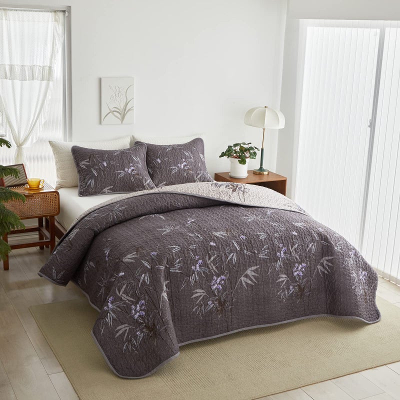 Flysheep Quilt Set 3 Pieces Full/Queen Size, Black Leaves Botanical Design Reversible Bedspread Coverlet Set, Soft Microfiber Lightweight Bed Cover for All Season (90" x 90", 1 Quilt+ 2 Pillow Shams) - Image 2
