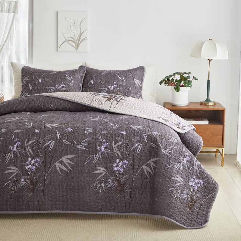 Flysheep Quilt Set 3 Pieces Full/Queen Size, Black Leaves Botanical Design Reversible Bedspread Coverlet Set, Soft Microfiber Lightweight Bed Cover for All Season (90" x 90", 1 Quilt+ 2 Pillow Shams) - Image 4