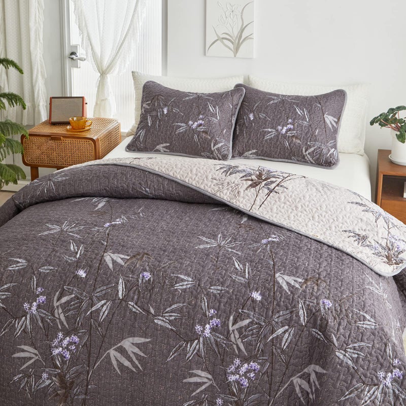 Flysheep Quilt Set 3 Pieces Full/Queen Size, Black Leaves Botanical Design Reversible Bedspread Coverlet Set, Soft Microfiber Lightweight Bed Cover for All Season (90" x 90", 1 Quilt+ 2 Pillow Shams) - Image 5