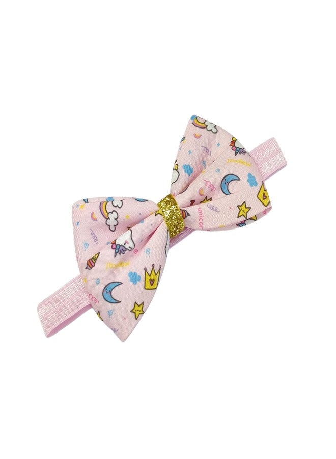 Fairytale Unicorn Print Hair Bow With Gold Glitter Centre Elastic Hair Band, Moon and Stars Pattern Headband For Baby Girls. (Pink, Small) - Image 4