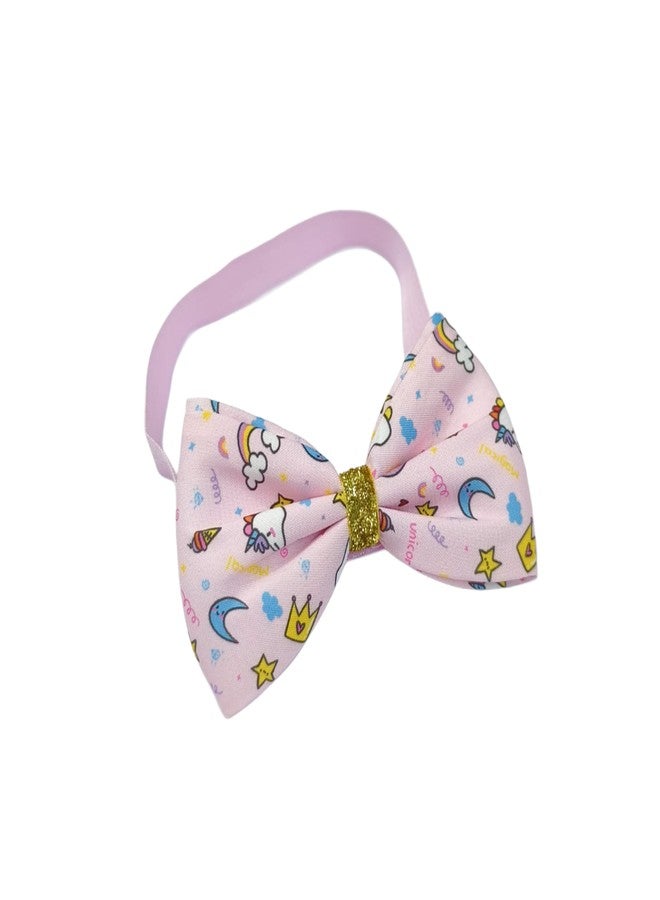 Fairytale Unicorn Print Hair Bow With Gold Glitter Centre Elastic Hair Band, Moon and Stars Pattern Headband For Baby Girls. (Pink, Small) - Image 1