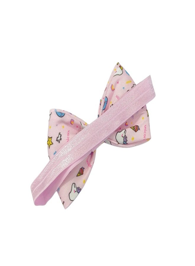 Fairytale Unicorn Print Hair Bow With Gold Glitter Centre Elastic Hair Band, Moon and Stars Pattern Headband For Baby Girls. (Pink, Small) - Image 5