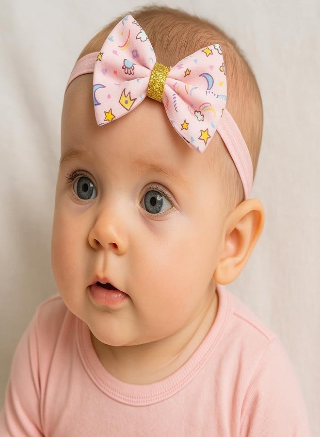 Fairytale Unicorn Print Hair Bow With Gold Glitter Centre Elastic Hair Band, Moon and Stars Pattern Headband For Baby Girls. (Pink, Small) - Image 2