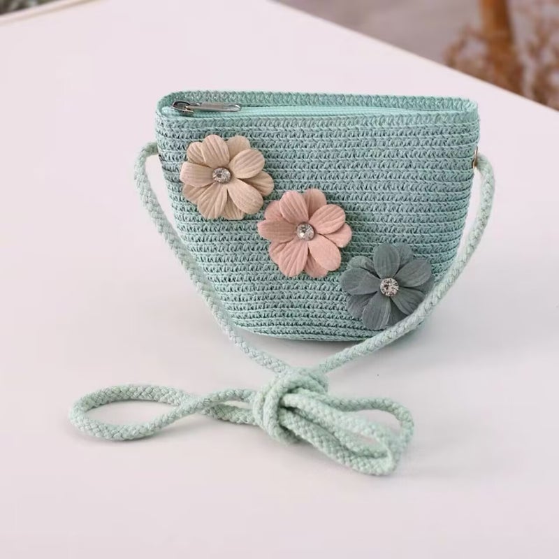 New straw hat 2-10 years old girl spring and summer travel sunscreen hat fresh flower sunshade hat crossbody bagMint Green Bag Mint Green Bag 