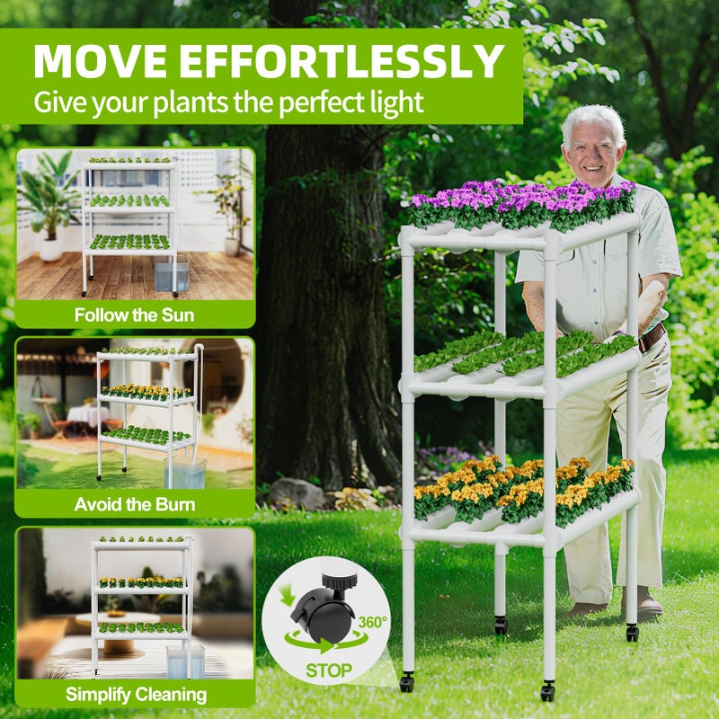 SPECILITE Hydroponics Growing System with Wheels, 3-Tier 108 Plant Sites Food-Grade PVC-U Pipes Gardening kit for Leafy Vegetables, Lettuce, Herbs, Water Pump, Indoor, Outdoor - Image 3