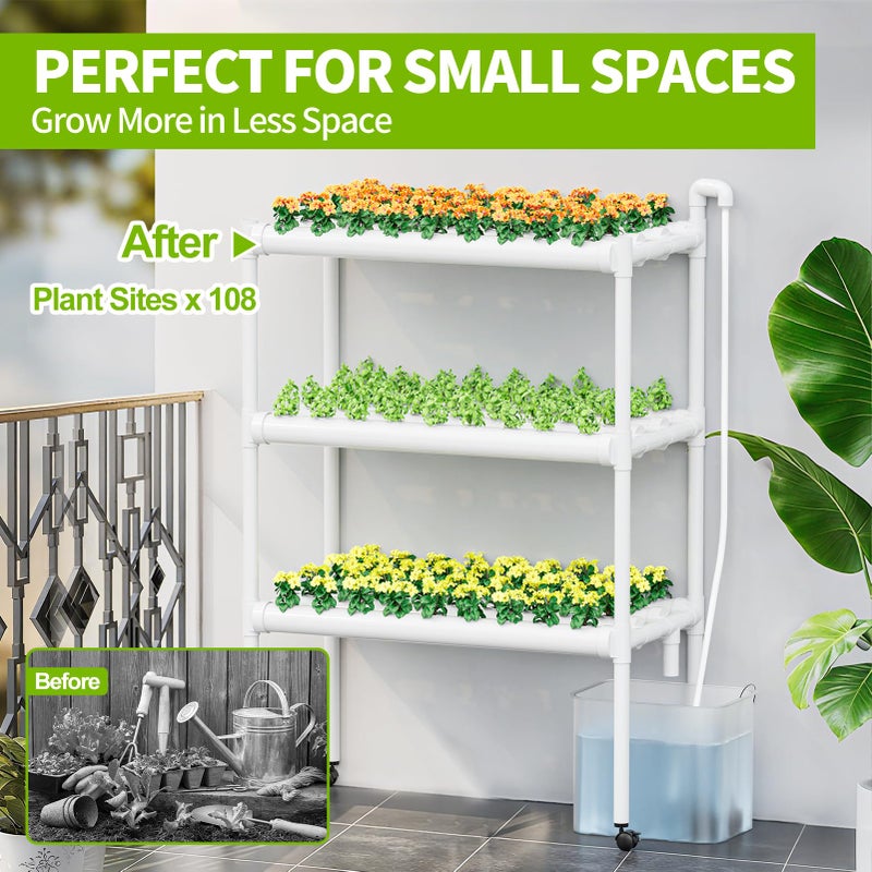 SPECILITE Hydroponics Growing System with Wheels, 3-Tier 108 Plant Sites Food-Grade PVC-U Pipes Gardening kit for Leafy Vegetables, Lettuce, Herbs, Water Pump, Indoor, Outdoor - Image 2