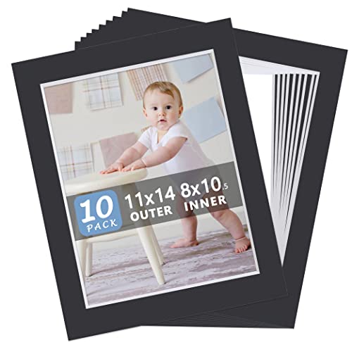 Somime 10 Pack PreCut 11 x 14 Black Picture Mats for 85x11 Photos  White Core Bevel Cut Frame Matte Acid Free Ideal for FramesArtworkPrints