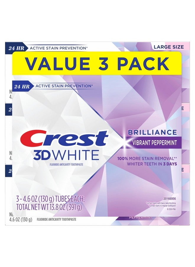 كرست معجون أسنان 3D White Brilliance Vibrant Peppermint لتبييض الأسنان، عبوة من 3 قطع، 4.6 أونصة، معجون أسنان مضاد للتسوس بالفلورايد، يزيل البقع السطحية بنسبة 100%، يمنع البقع بفعالية لمدة 24 ساعة - Image 1