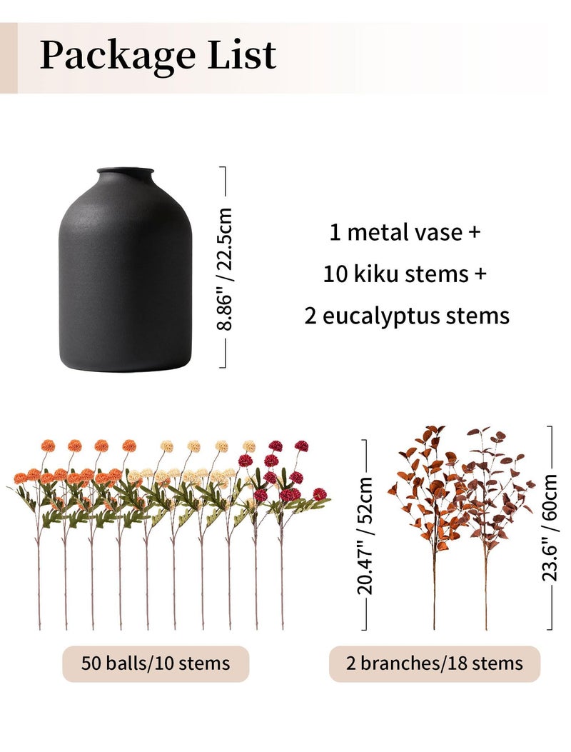 BLOSMON Flower Centerpiece Table Decorations: Metal Vase with 12 Stems of Fake Mums Kiku Flowers Eucalyptuses for Home Dining Room - Burnt Orange Artificial Pom Poms Floral Arrangement in Vase - Image 2