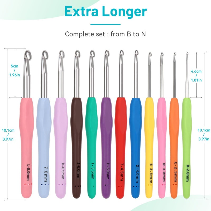 Coopay Crochet Hooks Set with Case, 12 Size Ergonomic Crochet Needles for Beginner Adult Arthritic Hands, 2mm(B)-8mm(L) Extra Long Knitting Hook for Crocheting Yarn- Great DIY Craft Christmas Gift - Image 2
