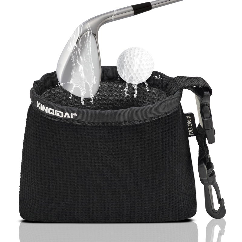 XINQIDAI Golf Club and Golf Ball Cleaning Bag - Cleans Club Grooves, Golf Bag Accessories,Waterproof Clean Face Tech, Detachable Clip, Machine Washable,Golfer Gifts for Men(1-Pack,BLACK) - Image 1