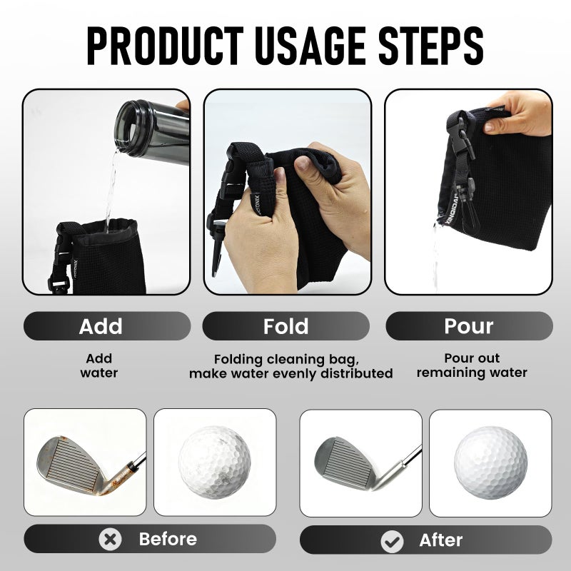 XINQIDAI Golf Club and Golf Ball Cleaning Bag - Cleans Club Grooves, Golf Bag Accessories,Waterproof Clean Face Tech, Detachable Clip, Machine Washable,Golfer Gifts for Men(1-Pack,BLACK) - Image 4